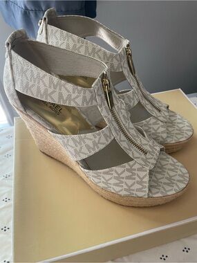 Michael Kors Beige/White MK Logo Espadrille Wedge Sandals